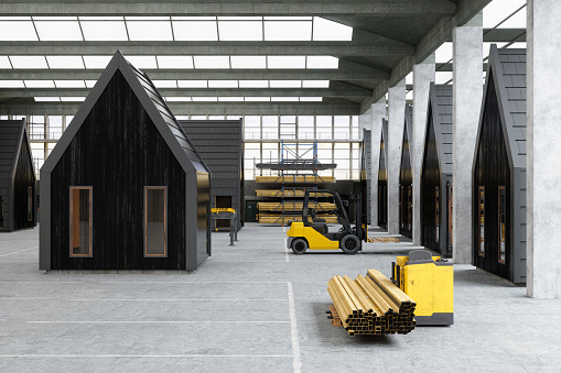 Interior Of Warehouse With Prefabricated Container Houses And Forklift Truck