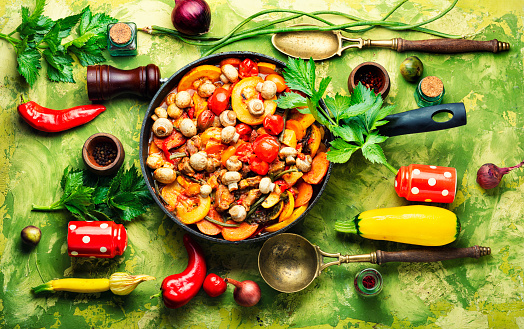 Meat ragout with mushrooms, zucchini, tomato and potatoes. Stew meat