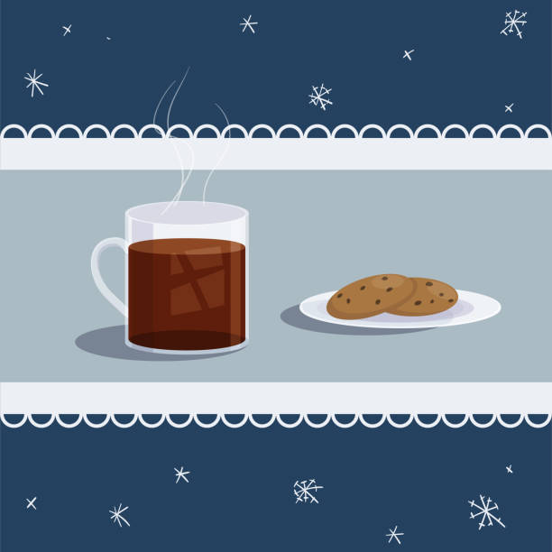 illustrations, cliparts, dessins animés et icônes de tasse de thé chaud en verre avec des biscuits sur une soucoupe, par une soirée enneigée d’hiver. - hot chocolate cup chai heat