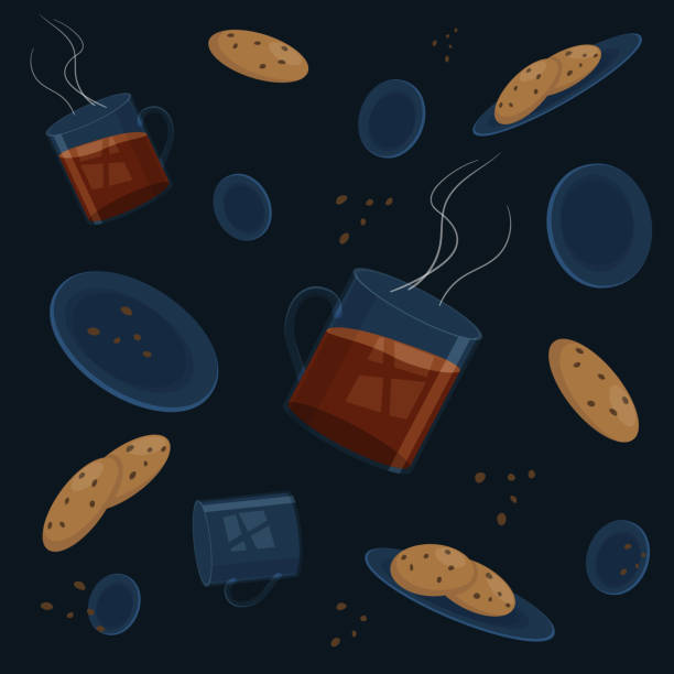 illustrations, cliparts, dessins animés et icônes de verres en verre avec thé chaud, soucoupes avec biscuits aux pépites de chocolat. style plat, fond bleu foncé. - hot chocolate cup chai heat