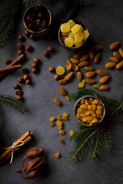 ingredients for christmas fruit cake  (nuts and dried fruits). close up. - healthy eating food and drink nutrition label food imagens e fotografias de stock