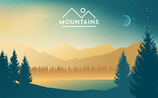 Mountain landscape. Forest. Sunset in the mountains. Morning sky.Travel concept. Adventure. Minimalist graphic flyers. Polygonal flat design for coupon, voucher, gift card. Vector illustration