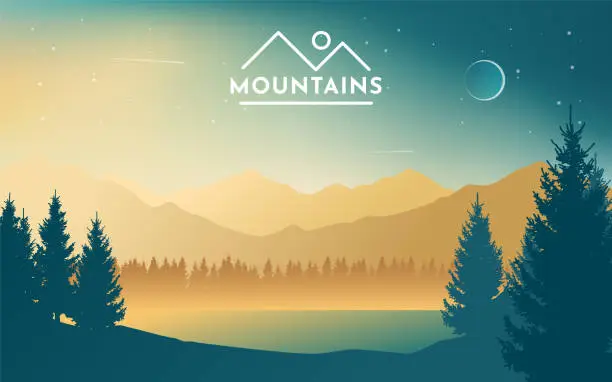 Vector illustration of Mountain landscape. Forest. Sunset in the mountains. Morning sky.Travel concept. Adventure. Minimalist graphic flyers. Polygonal flat design for coupon, voucher, gift card. Vector illustration