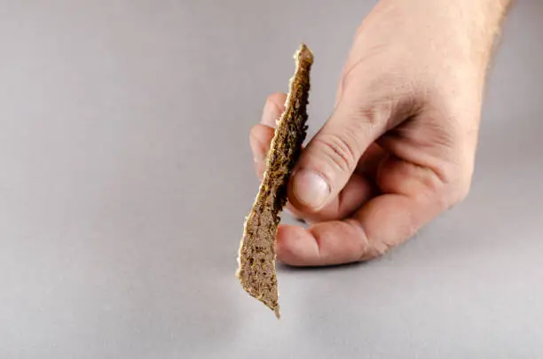 Photo of One man's hand holds the dog treats. A long dried plate of beef