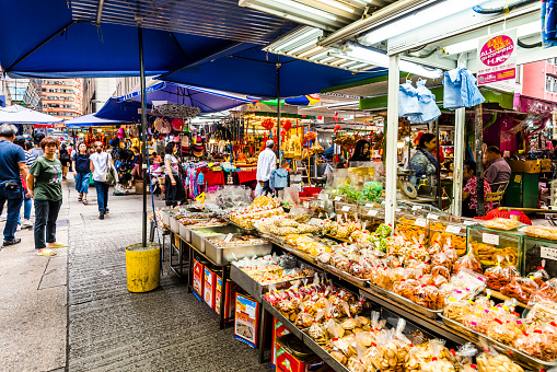 Wan Chai, Hong Kong - July 22, 2019: Scenes of the traditional market on Wan Chai Street, Hong Kong