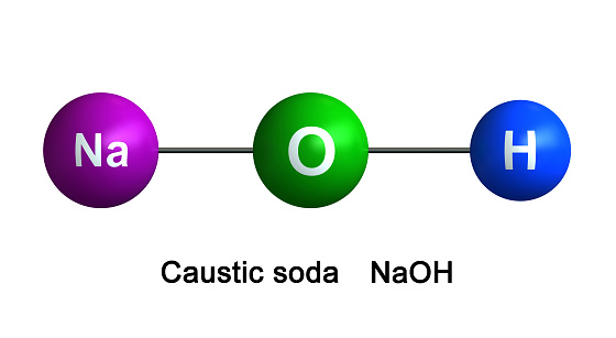 3d render of Caustic soda isolated over white background. Atoms are represented as spheres with color and chemical symbol coding: hydrogen(H) - blue, oxygen(O) - green, sodium(Na) - violet
