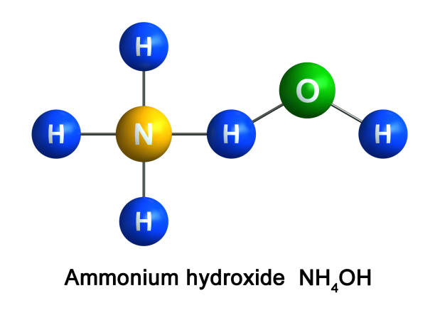 Ammonium hydroxide 3d render of molecular structure of ammonium hydroxide isolated over white background."nAtoms are represented as spheres with color and chemical symbol coding: hydrogen(H) - blue, oxygen(O) - green, nitrogen(N) - yellow hydroxide stock pictures, royalty-free photos & images