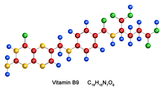 3d render of molecular structure of Vitamin B9 isolated over white background. Atoms are represented as spheres with color and chemical symbol coding: hydrogen(H) - blue, carbon(C) - red, oxygen(O) - green, nitrogen(N) - yellow