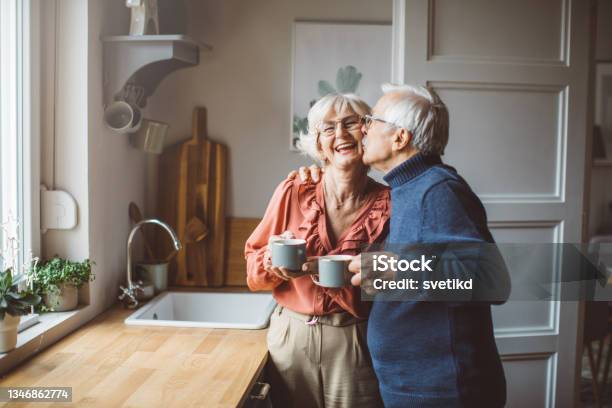 Senior Couple For Christmas At Home Stock Photo - Download Image Now - Senior Couple, Senior Adult, Happiness