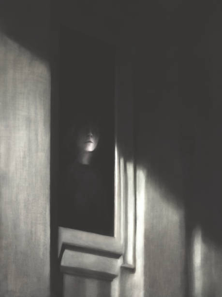 illustrazioni stock, clip art, cartoni animati e icone di tendenza di illustrazione di una donna sola dietro una finestra nell'ombra che guarda la luce fuori, concetto astratto di speranza - shadow monster fear spooky