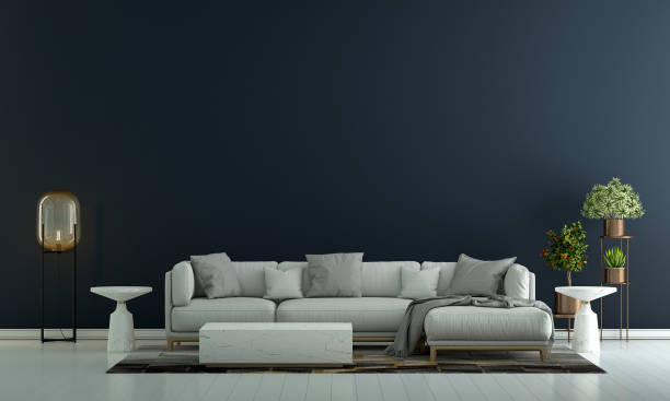 istock Home and decoration and modern living room interior design and empty blue wall pattern background. 1346864597