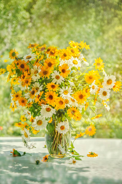istock Bouquet of daisy on a light background 1346865597