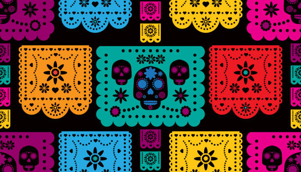 istock Day of the Dead, Dia de los Muertos, Halloween  festive seamless pattern with  skulls, garland, papel picado, skeleton, marigold flowers. 1346867057