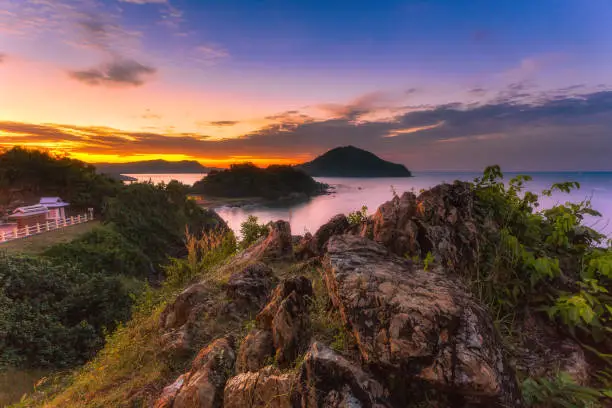 Photo of Aerial Viewpoint of Chedi Ban Hua Laem, White pagoda which locate on the rock in the sea.