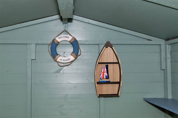 Upscaled garden shed, with a nautical beach hut theme..jpg (landscape). stock photo