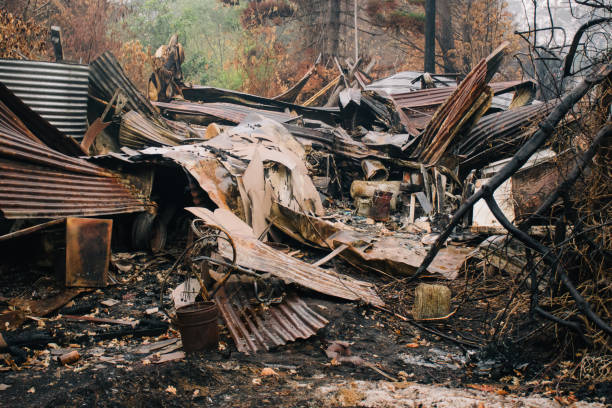 Australian bushfires: Burnt building rubbles Australian bushfires: Burnt building rubbles after severe wildfire burned corpse stock pictures, royalty-free photos & images