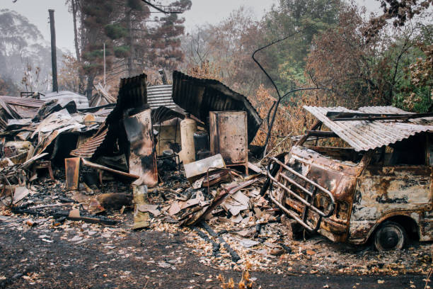 istock Australian bushfires: Burnt car carcass and building rubbles 1346870732