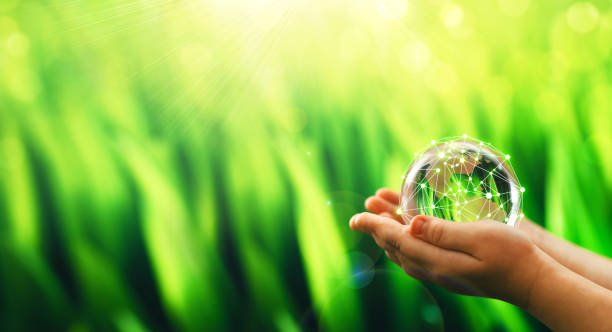 istock Global communication network. Hands holding crystal earth globe and circle global network connection.Energy and ecology concept. Protecting earth planet  and development ecological energy 1346872720