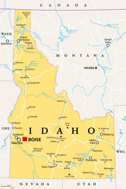 Idaho, ID, political map, US state, Gem State Idaho, ID, political map with the capital Boise, borders, important cities, rivers and lakes. State in the Pacific Northwest region of the Western United States of America, nicknamed Gem State. Vector idaho stock illustrations