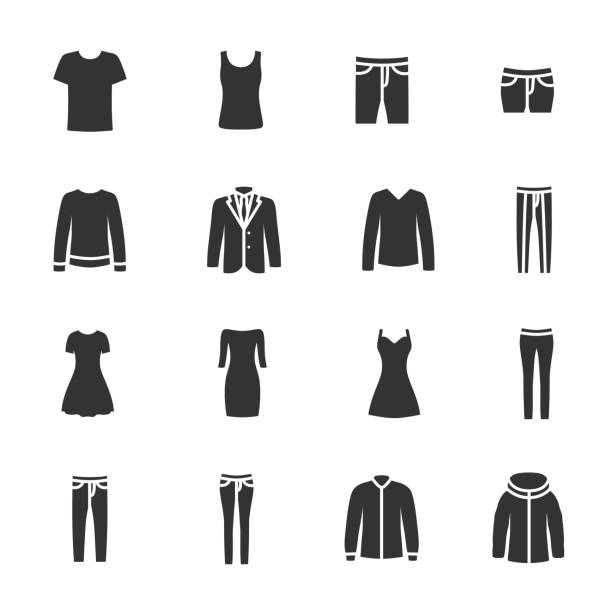 ilustraciones, imágenes clip art, dibujos animados e iconos de stock de conjunto vectorial de iconos de ropa. - shirt clothing dress elegance