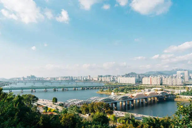 Photo of Panoramic view of Seoul city and Han river park in Korea