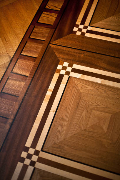 Details of a beautiful marquetry Close up of a stylish wooden floor in a German castle inlay stock pictures, royalty-free photos & images