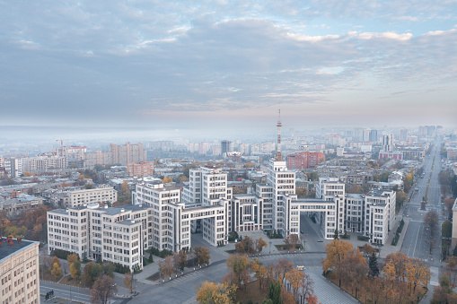 The building of Derzhprom in Kharkiv. View of Nauky Prospect. Aerial shot at autumn morning.