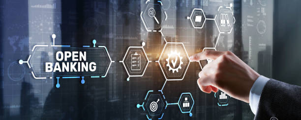 istock Open Banking Online Finance Concept. Man clicks on a virtual screen inscription 1346878086
