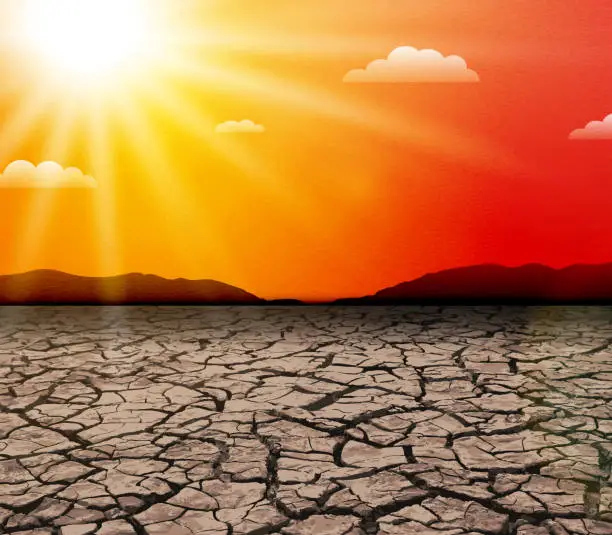 Vector illustration of Hot sun. Heat wave. Drought in nature. Global warming and climate change concept