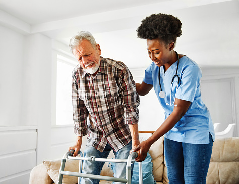 Doctor or nurse caregiver with senior man using walker assistance  at home or nursing home