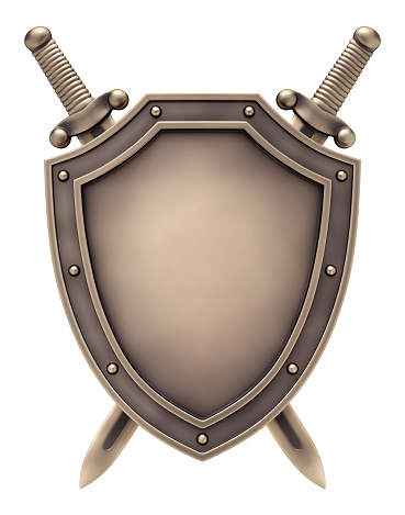 An emblem composed with a shield in center and two crossed swords, which are behind it. 3D rendering graphics isolated on white background.