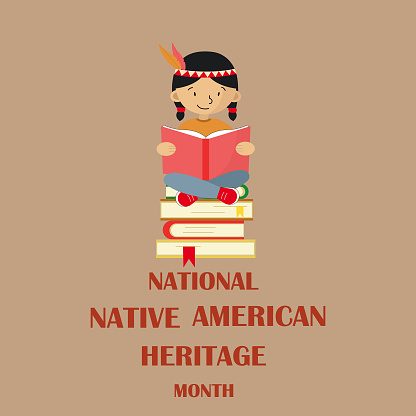 National Native American Heritage Month concept. An illustration of an ethnic child sitting on a stack of books. Celebrated annually on November. Banner, poster, brochure, flyer, invitation template.