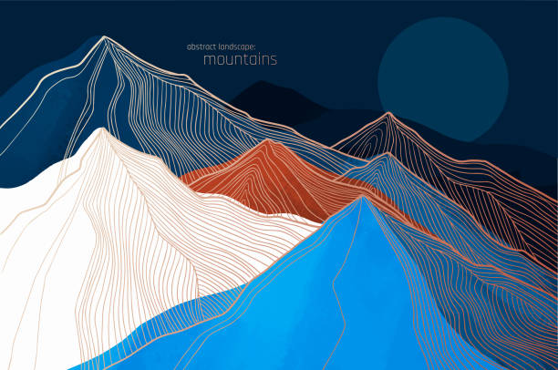 illustration of line abstract mountains illustration of line abstract mountains with blue and orange rough texture asian wallpaper stock illustrations
