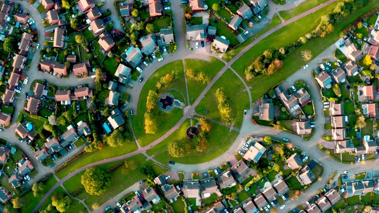 Aerial view suburban neighborhood with identical wealthy, Milton Keynes, Furzton