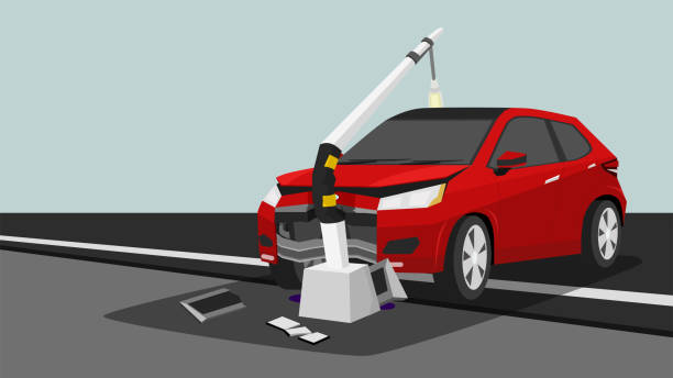 illustrazioni stock, clip art, cartoni animati e icone di tendenza di danno rosso incidente auto palo incidente luce non può guidare. - ammaccato