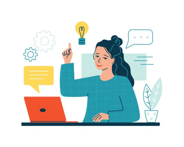 Vector illustration of Woman works on a laptop, raised her index finger and creates a new idea, a plan of action, depicted by a light bulb. Problem solving concept, information search, customer support. Vector illustration