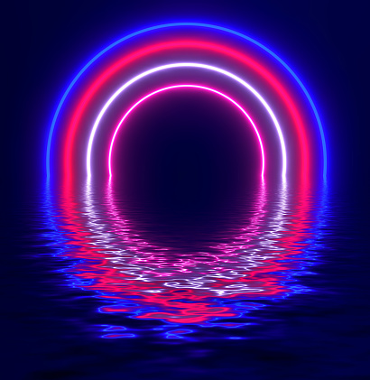 Abstract futuristic background, pink blue neon lights gate with 3D glowing reflected in water, sci fi render illustration.