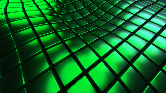 Green background 3D, squares pattern waves, abstract technology field of cubes, fantastic sea of neon glowing texture, 3D render illustration background.