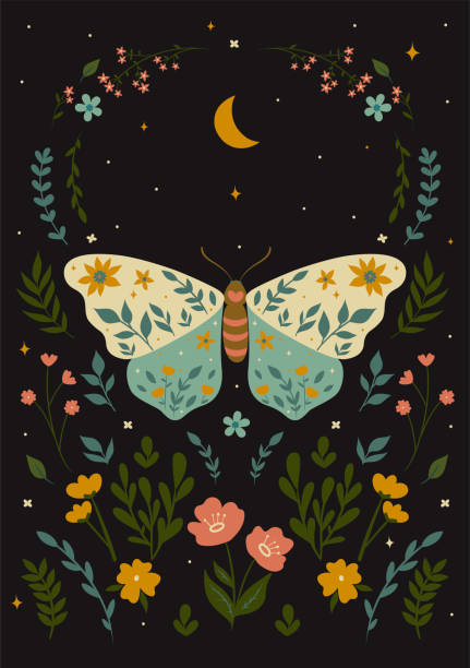 Postcard with a butterfly in boho style. Vector graphics. Postcard with a butterfly in boho style. Vector image. butterfly wing patterns stock illustrations