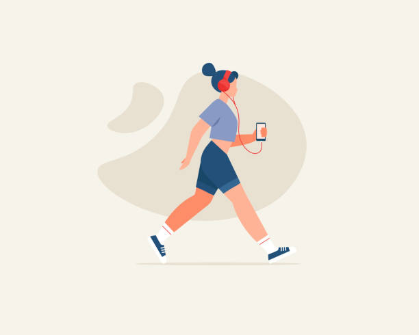 Young woman character walking outside with headphone, listening to music, audio books, podcast on background. Vector illustration cartoon flat style vector art illustration