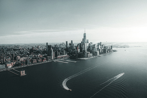 Aerial view of New York City through helicopter. Horizontal shot.