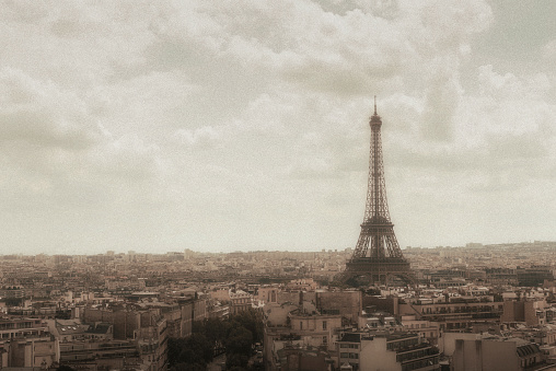 Eiffel Tower through Arc De Triomphe's observation desk. Horizontal shot.