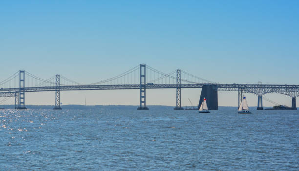 View of Chesapeake Bay Bridge from Sandy Point State Park in Annapolis, Maryland View of Chesapeake Bay Bridge from Sandy Point State Park in Annapolis, Maryland bay bridge stock pictures, royalty-free photos & images