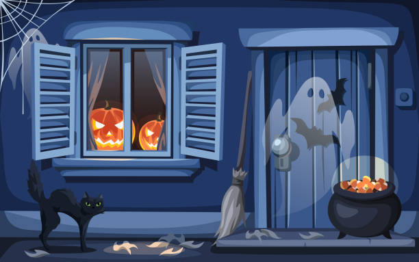 illustrazioni stock, clip art, cartoni animati e icone di tendenza di scena all'aperto della notte di halloween. illustrazione vettoriale. - domestic cat undomesticated cat window house
