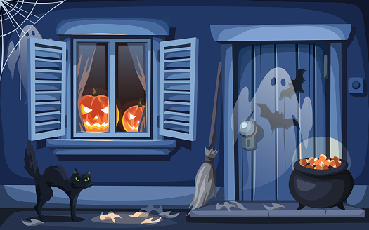 Halloween night outdoor scene. Vector illustration.