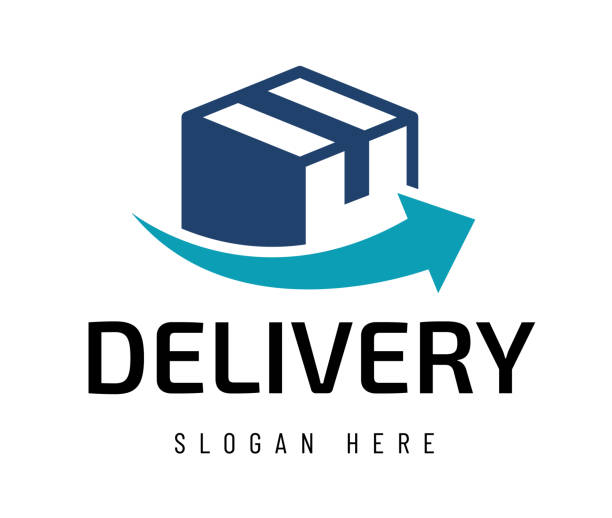 delivery logo isolated on white. delivery vector logo with parcel box and arrow. delivery logo for your buisness design - 船運 幅插畫檔、美工圖案、卡通及圖標