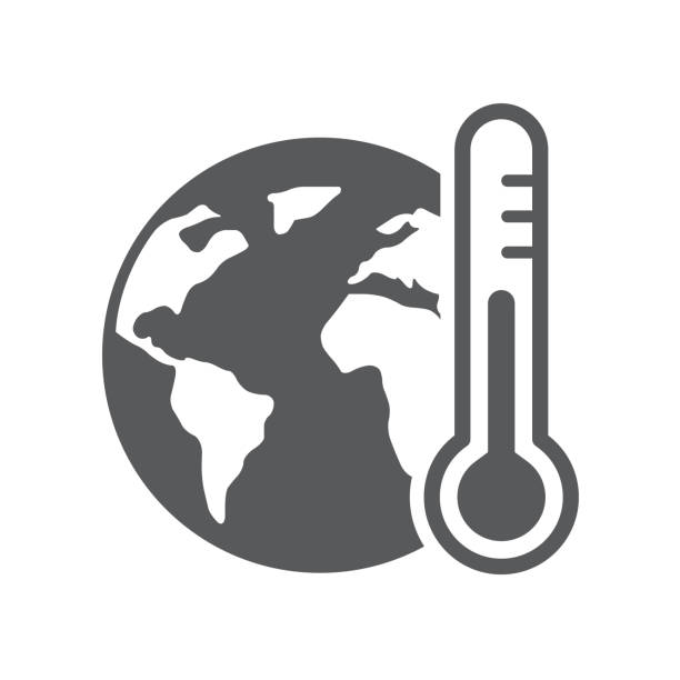 ikon vektor siluet pemanasan global terisolasi pada latar belakang putih. globe dengan ikon termometer untuk web, aplikasi seluler, desain ui, dan poligrafi cetak - perubahan iklim ilustrasi stok