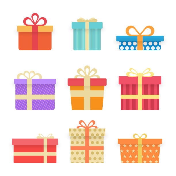 ilustraciones, imágenes clip art, dibujos animados e iconos de stock de icono de caja de regalo set vector design. - white background gift christmas wrapping paper
