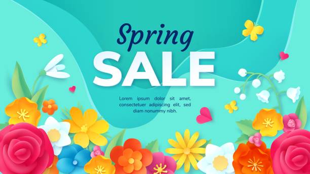 Spring sale promotion banner with paper cut flowers. Poster with 3d origami floral decoration. Fashion product discount offer vector design Spring sale promotion banner with paper cut flowers. Poster with 3d origami floral decoration. Fashion product discount offer vector design. Rose, may lily and snowdrop blossom for commerce spring fashion stock illustrations