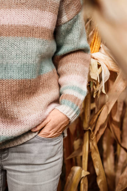 kobieta nosząca pastelowy kolorowy sweter z dzianiny na zewnątrz - fashion women denim farm zdjęcia i obrazy z banku zdjęć
